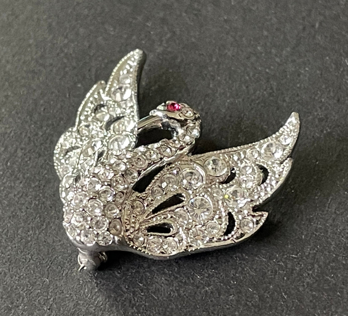 Vintage Attwood and Sawyer (A&S) signed swan brooch - shiny silver tone, clear and red rhinestones