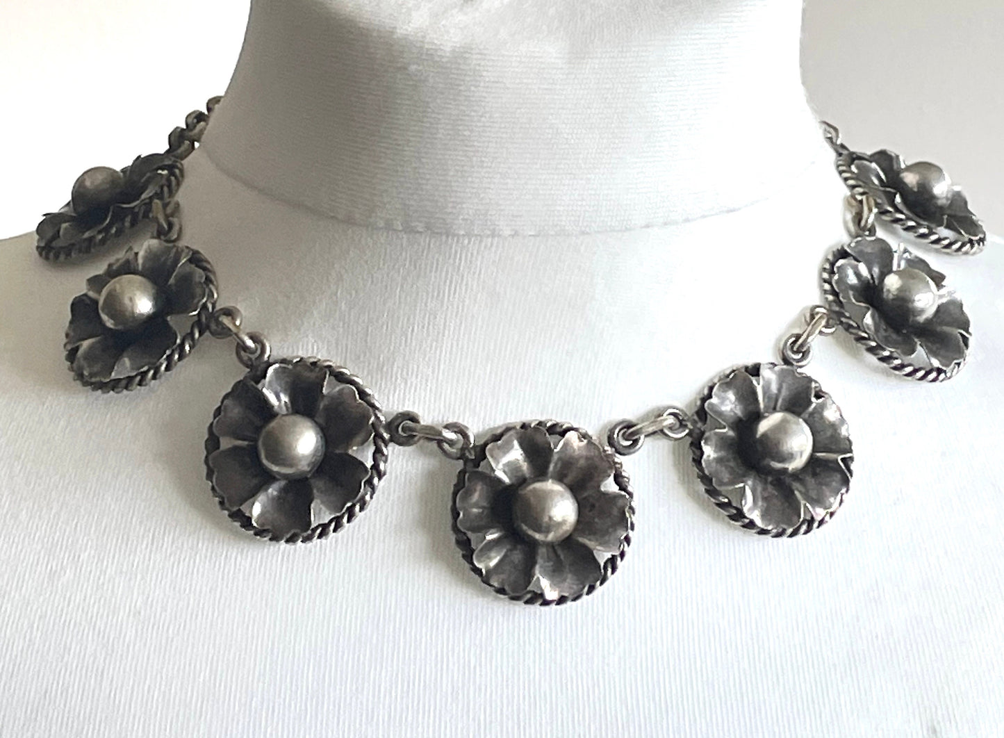 Vintage Art Deco machine age chrome floral necklace from the 1930s - possible Jakob Bengel