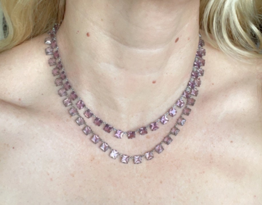 Vintage Art Deco amethyst purple and violet princess cut (square) crystal riviere necklace, double strand, bezel set, open backed