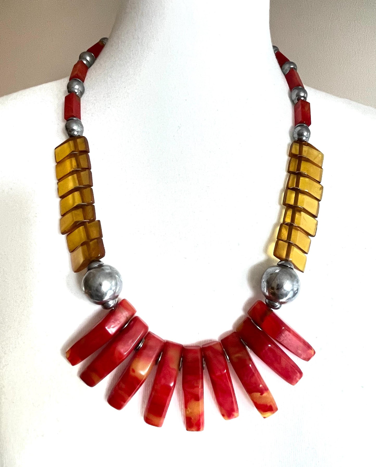 Vintage classic Art Deco geometric galalith (early plastic) bead fringe necklace, orange and chrome, on foxtail chain - Louis Rousselet ?