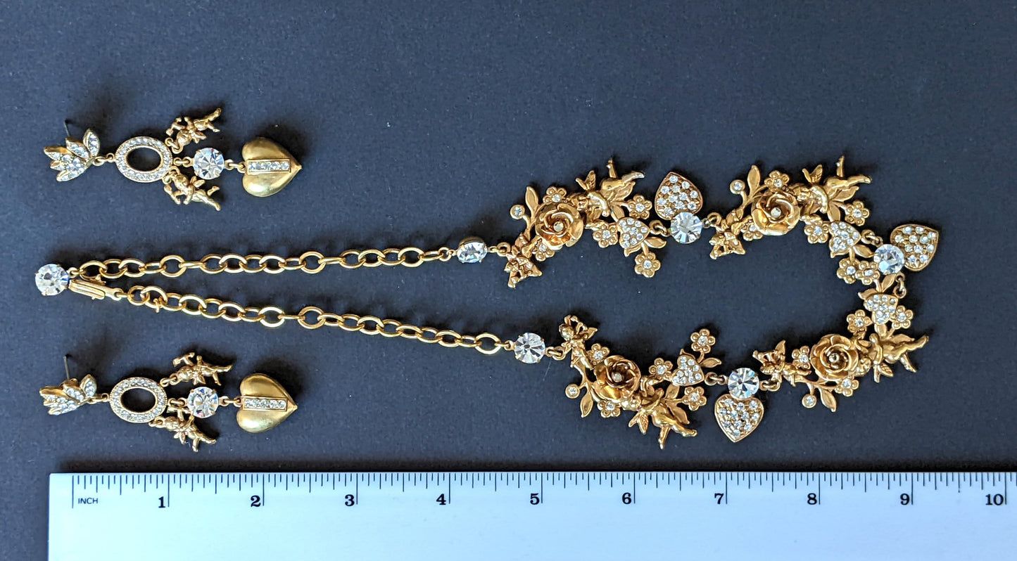 Vintage early Askew London cherub putti necklace & earrings set demi-parure, gold tone, rhinestone, excellent condition, presentation box