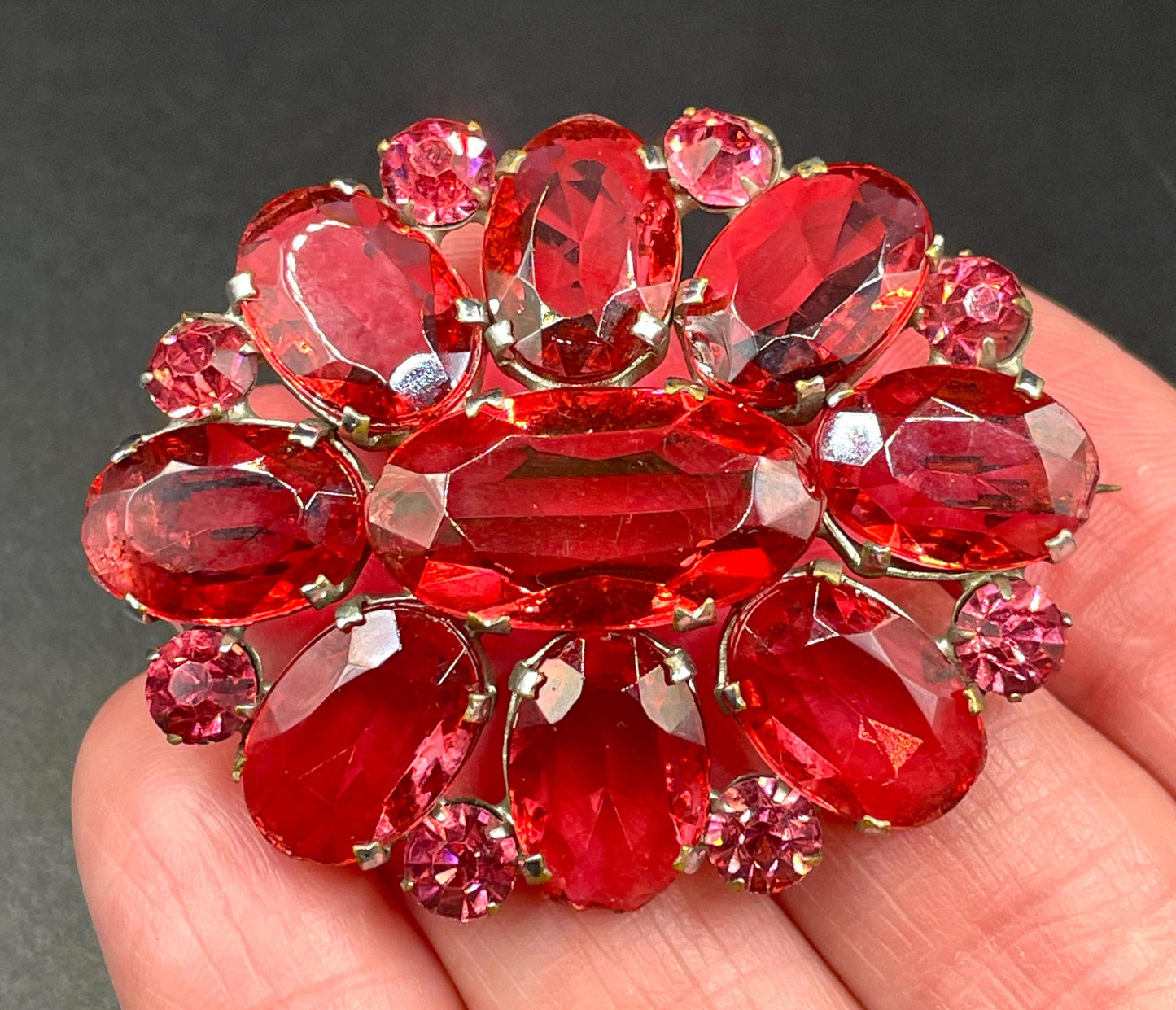 Large vintage Art Deco ruby pink glass rhinestone, open-backed, pale antique gold tone brooch pin, stunning pink colour