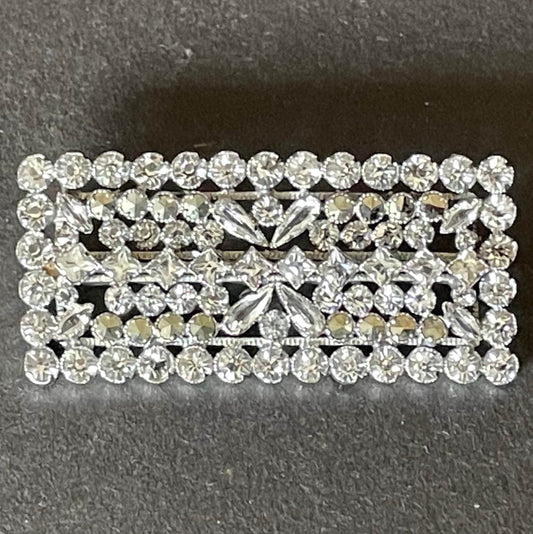 Vintage clear crystal and marcasite Art Deco rectangle brooch - rhinestones set open-backed in silver tone, delicate, exquisite workmanship