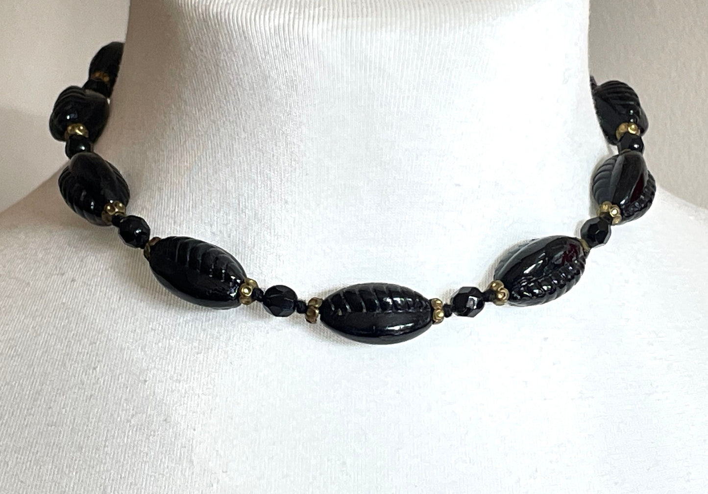 Vintage Art Deco French jet moulded glass beaded necklace, Neiger style pressed black glass czech beads