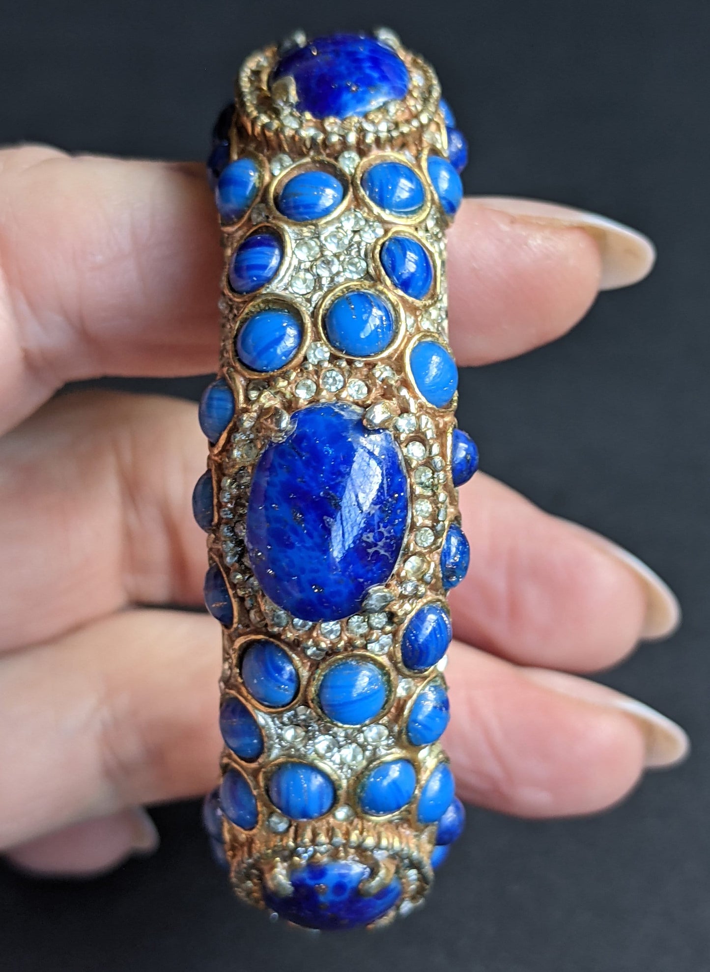 Vintage Kenneth Jay Lane KJL classic 1960s signed mogul style cabochon & rhinestone encrusted hinged bangle, lapis lazuli blue glass stones