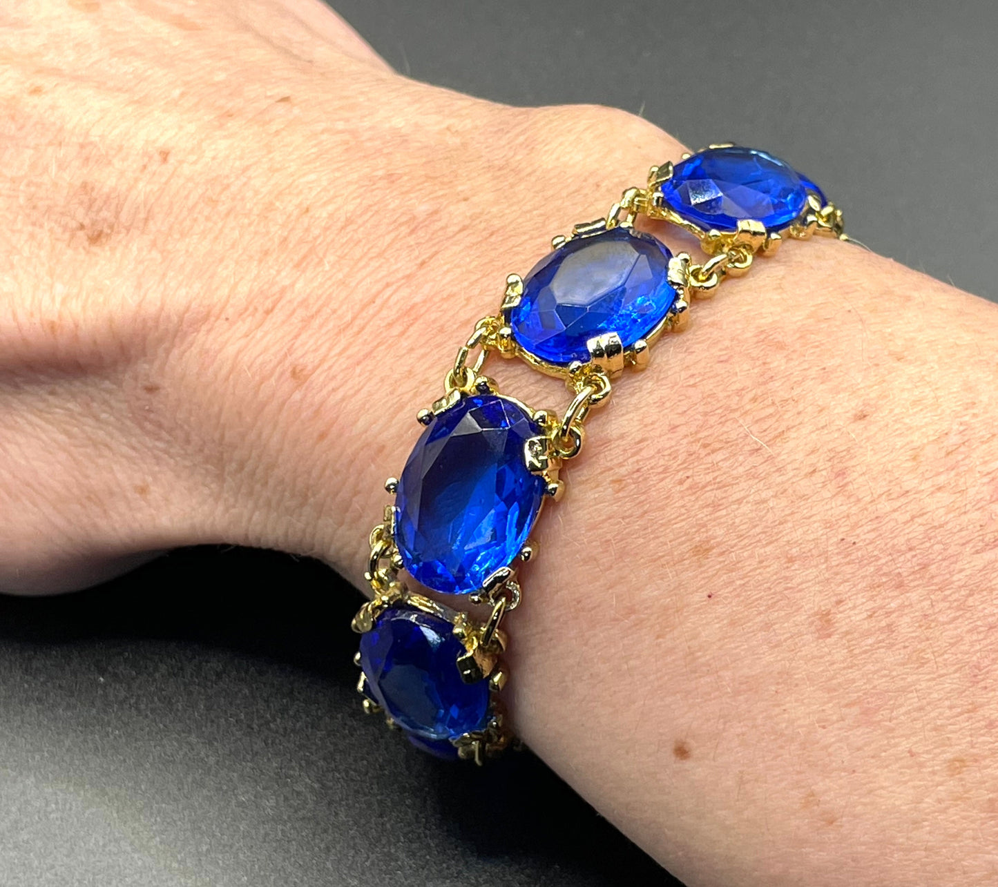 Vintage vibrant royal blue large crystal riviere necklace and bracelet set, by Sphinx, a very rare colour