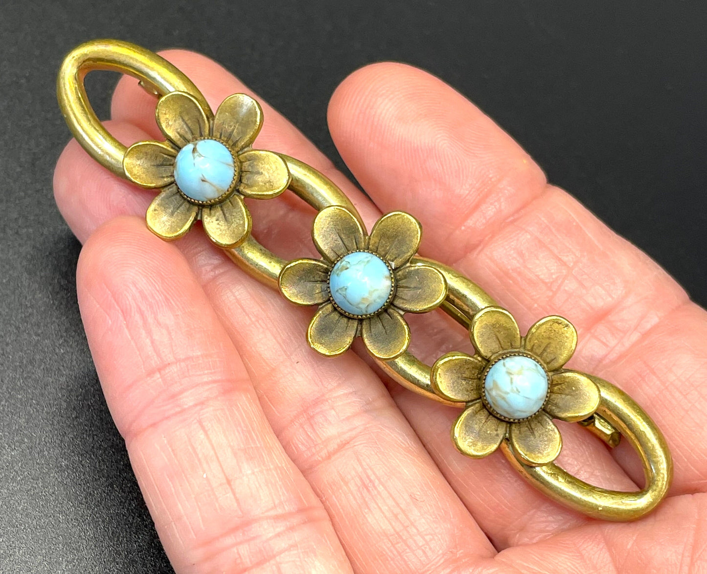 Vintage Neiger Brothers (Max and Norbert) long flower brooch - faux turquoise glass cabochons & gold tone