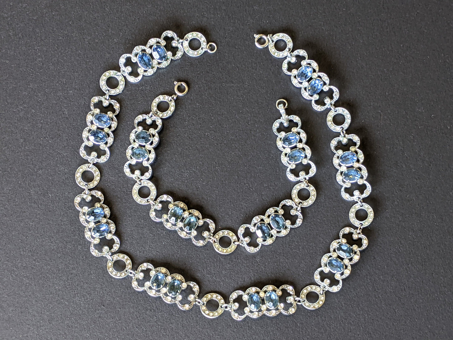 Vintage Art Deco blue and clear paste geometric machine age necklace and bracelet demi-parure set