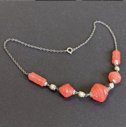 Vintage Art Deco orange Carnelian coloured moulded glass large bead necklace, with glass pearls set in gold tone