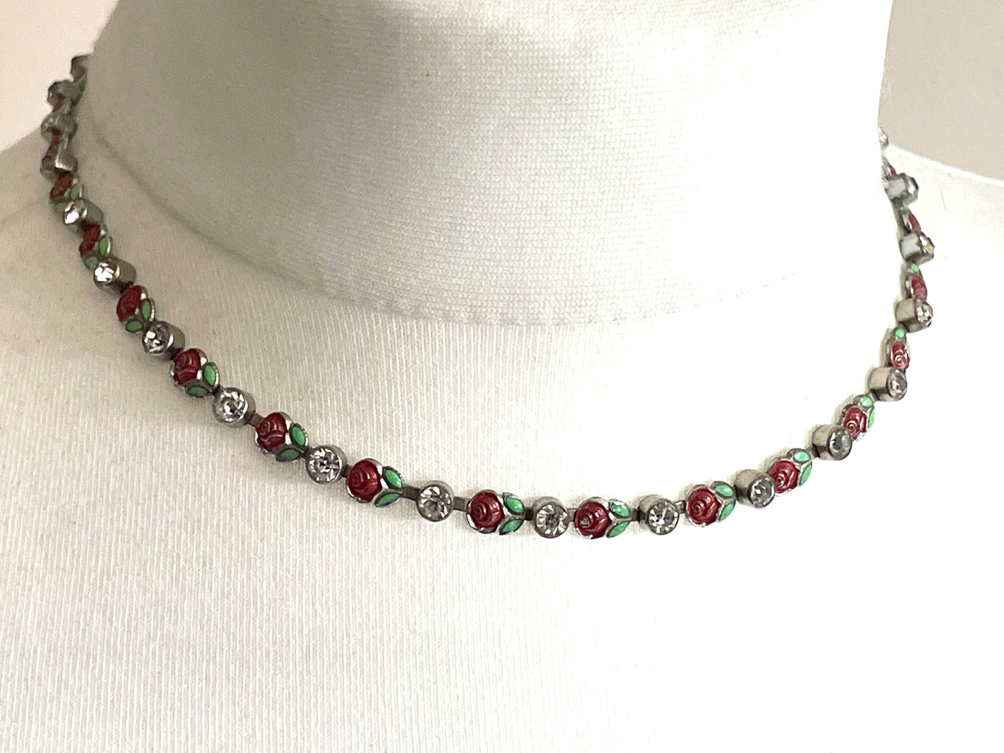 Vintage Art Deco Czech crystal paste, green & red enamel and silver tone collet set riviere necklace, beautiful red rose and leaf design