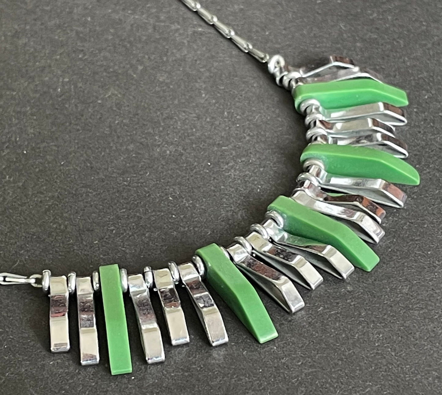 Vintage Jakob Bengel Art Deco machine age necklace, beautiful bright green galalith 3D geometric shapes with shiny silver tone chrome