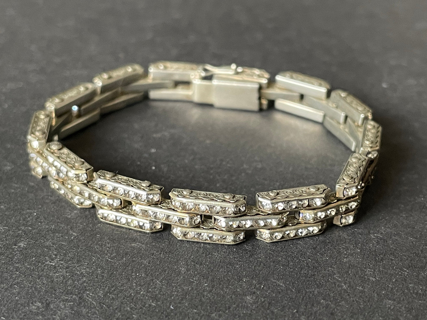 Vintage Art Deco channel set paste rhinestone geometric machine age cocktail bracelet - signed DRGM (Schreiber & Hiller)