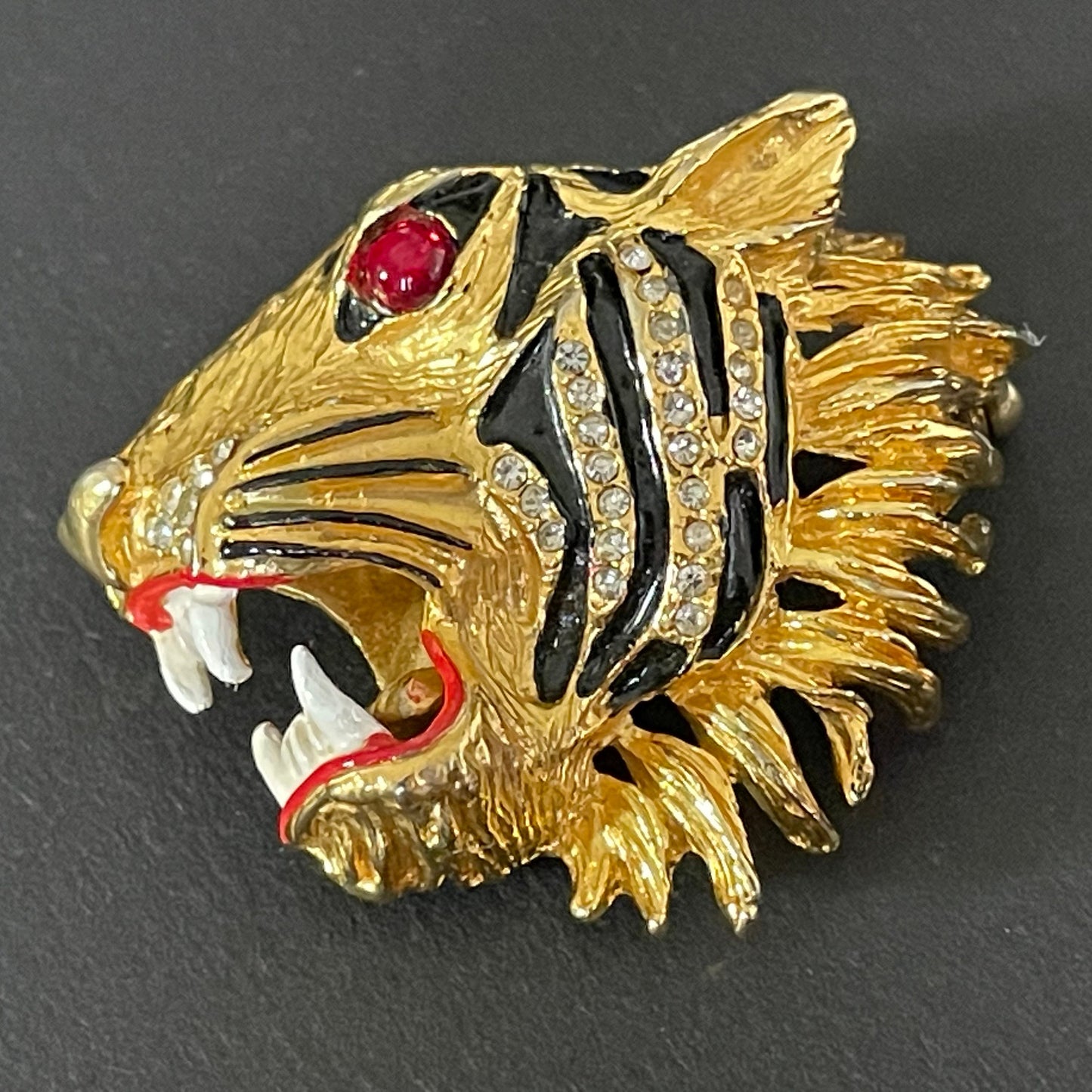 Huge vintage fierce tiger head brooch - red glass cabochon, rhinestone and enamel - in the style of Hattie Carnegie, Gucci, Butler & Wilson