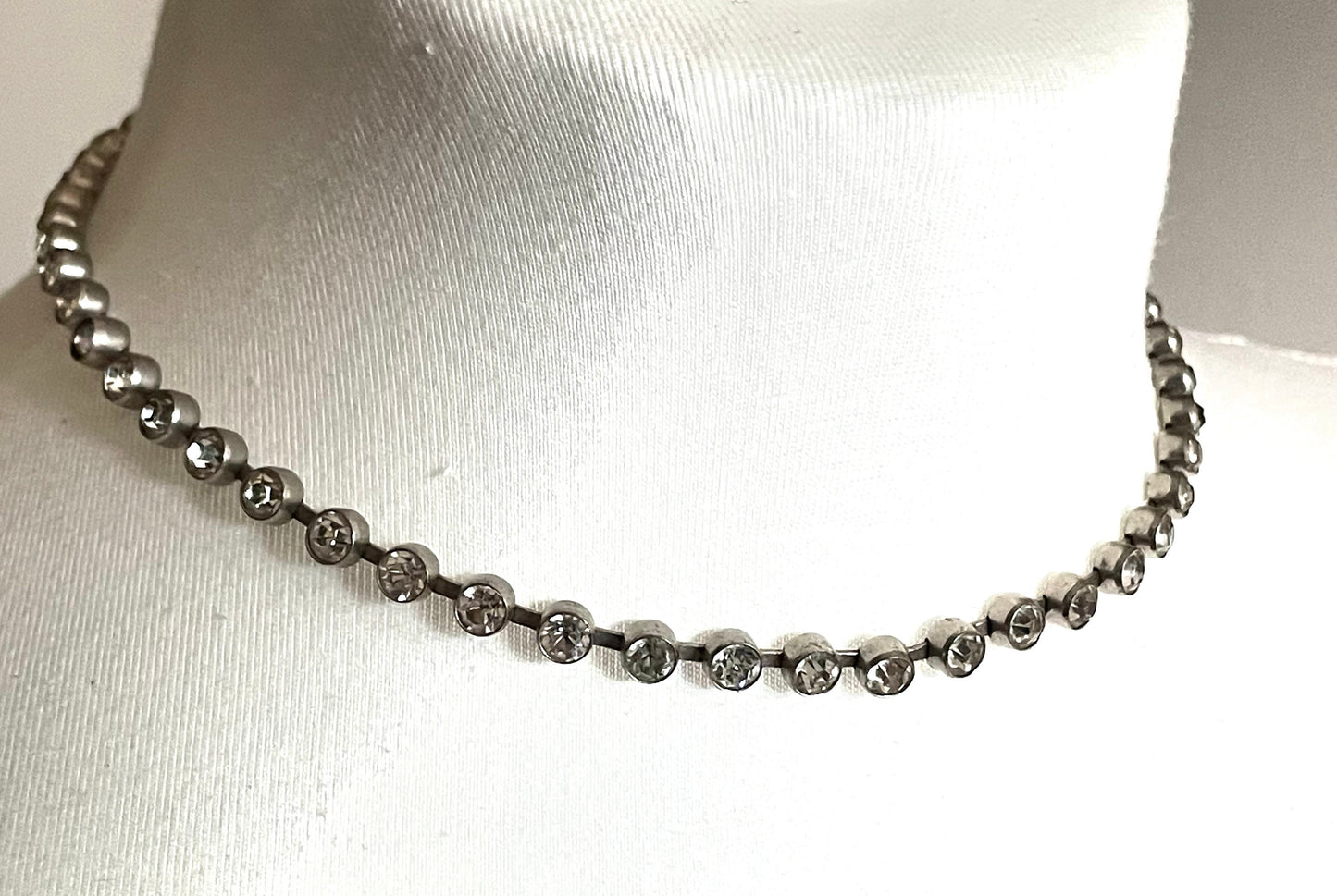 Vintage 1930s Art Deco collet set paste rhinestone and silver tone tennis / cocktail riviere choker necklace and bracelet set