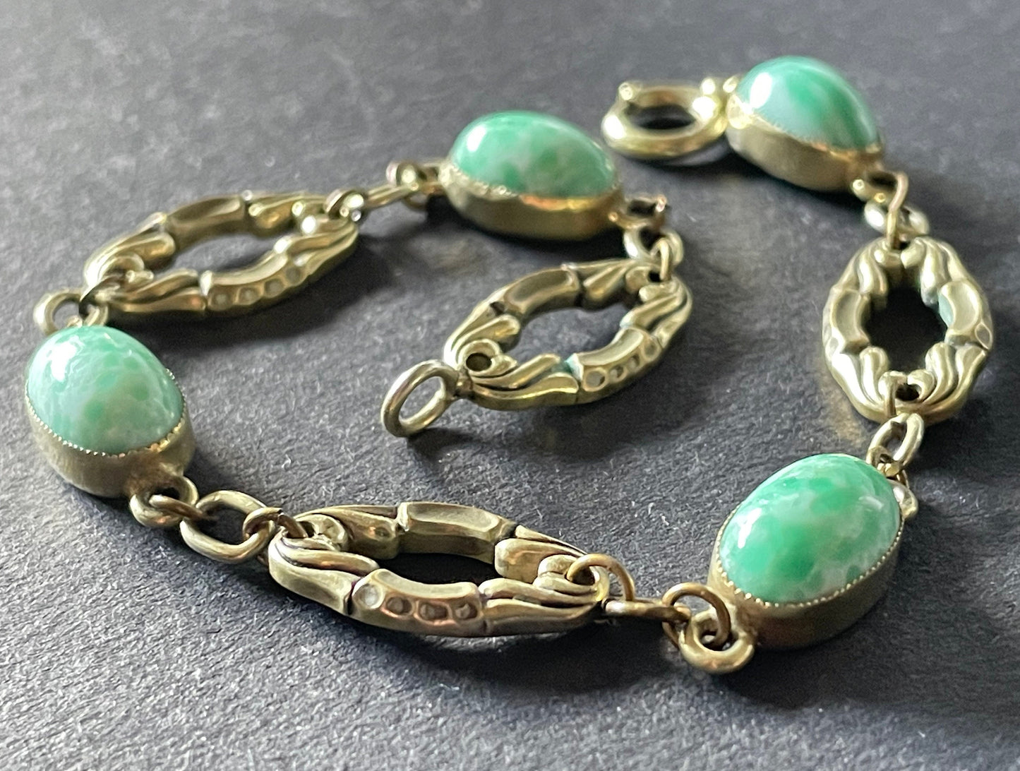 Antique / vintage ornate gold tone and large green Peking glass cabochon bracelet