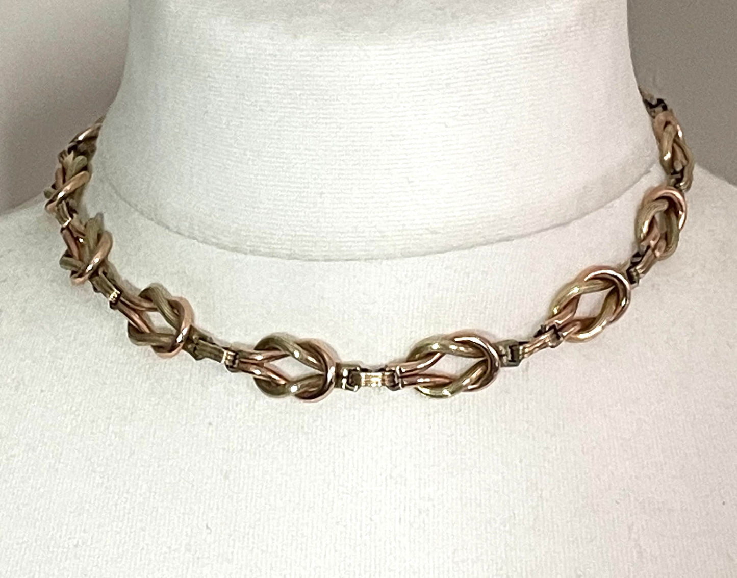 Vintage Art Deco reef knot necklace bi-colour 1/20 12K yellow / green and rose gold filled sterling silver, by GW in the 1930s