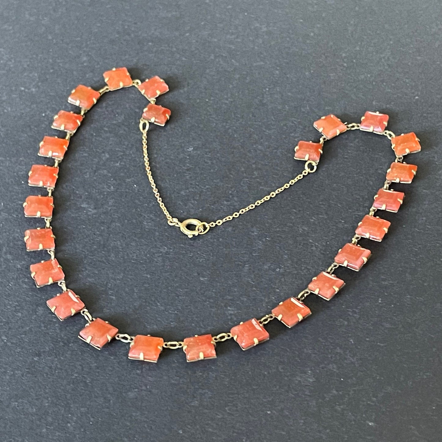 Vintage Art Deco uranium glass Carnelian coloured square stone riviere necklace, bezel set, open backed, vibrant orange and gold tone