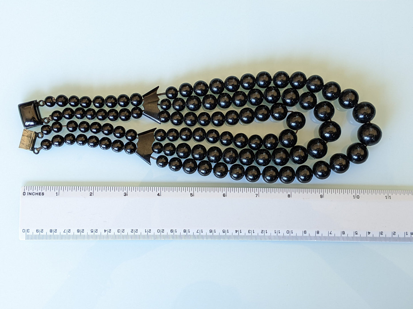 Huge antique Victorian Whitby jet bead, triple strand mourning necklace