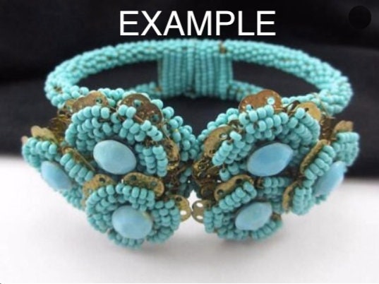 Vintage early Miriam Haskell turquoise blue glass beaded floral clamper bangle with intricate micro beading and gold tone filigree