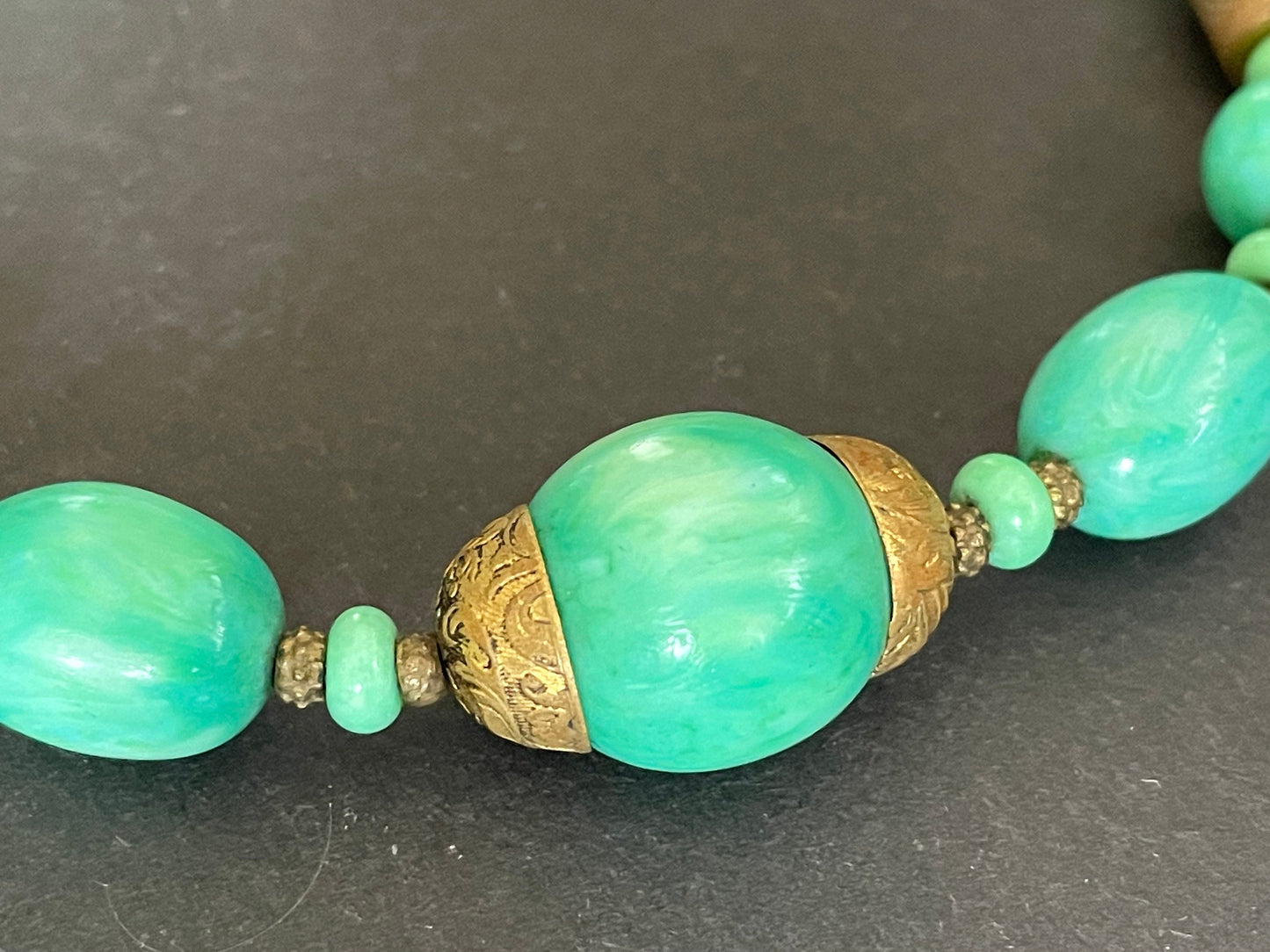 Vintage Louis Rousselet Art Deco green Peking style glass and ornate gold tone bead necklace, Made in France beehive clasp, foxtail chain