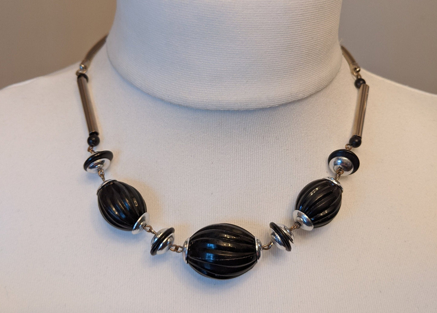 Vintage Jakob Bengel Art Deco machine age chrome and black galalith geometric necklace with beautifully shaped beads