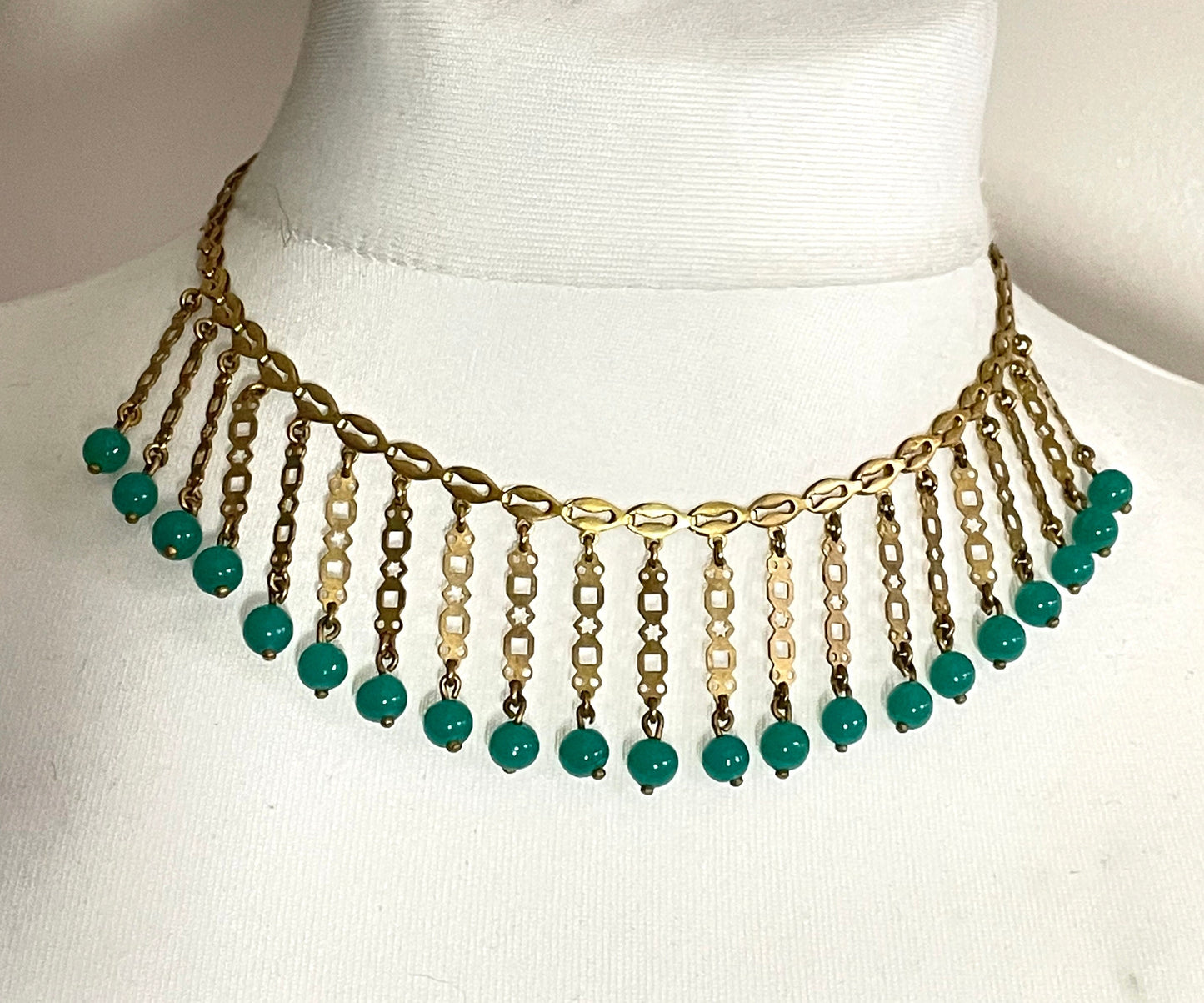 Vintage Art Deco machine age gold tone and jade green glass bead fringe necklace, beautiful workmanship, possible Jakob Bengel