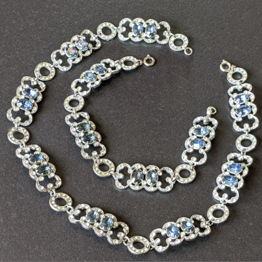 Vintage Art Deco blue and clear paste geometric machine age necklace and bracelet demi-parure set