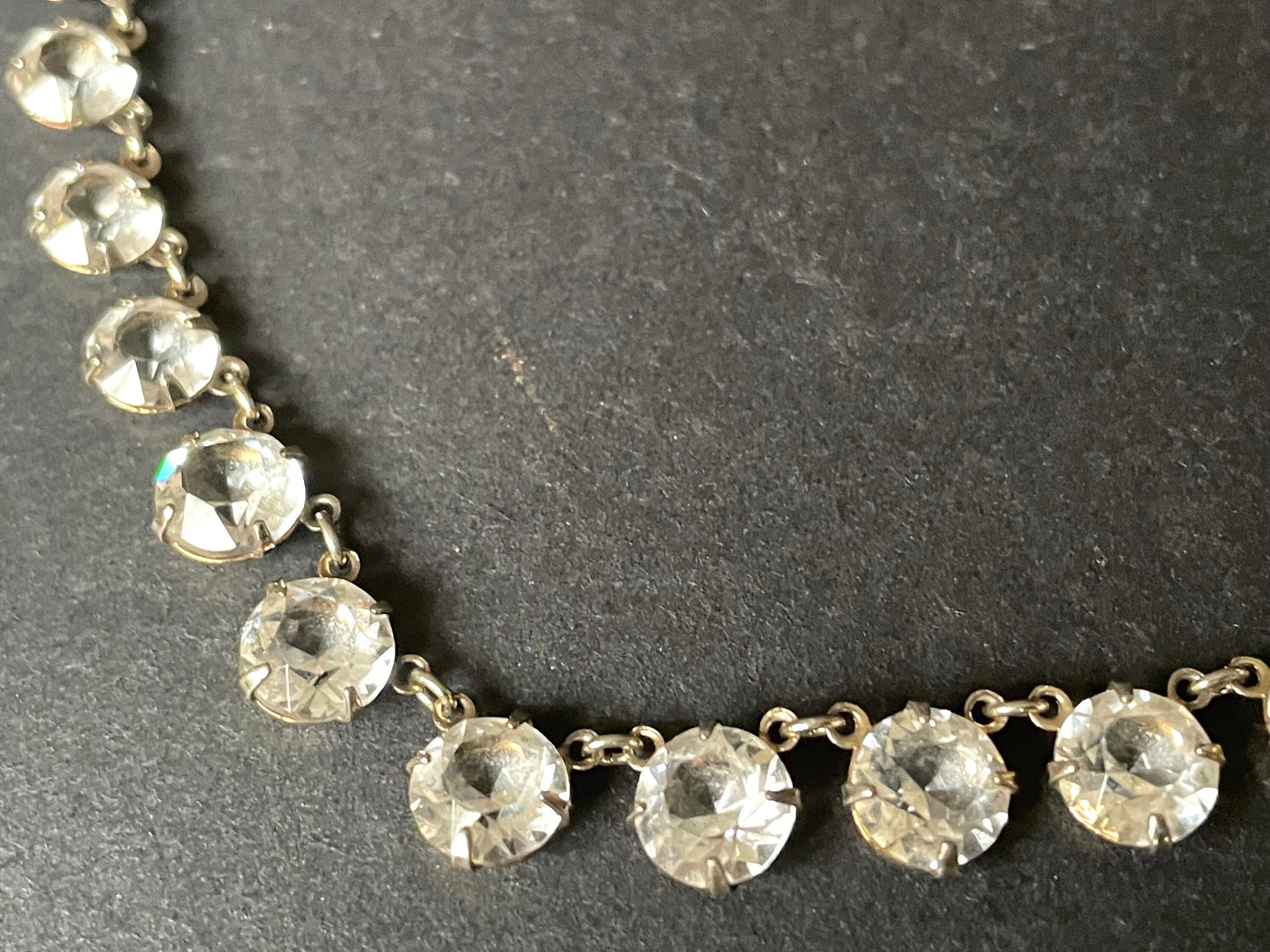 Vintage sterling silver gold vermeil Art Deco diamond clear crystal rhinestone riviere choker necklace, bezel set, open backed