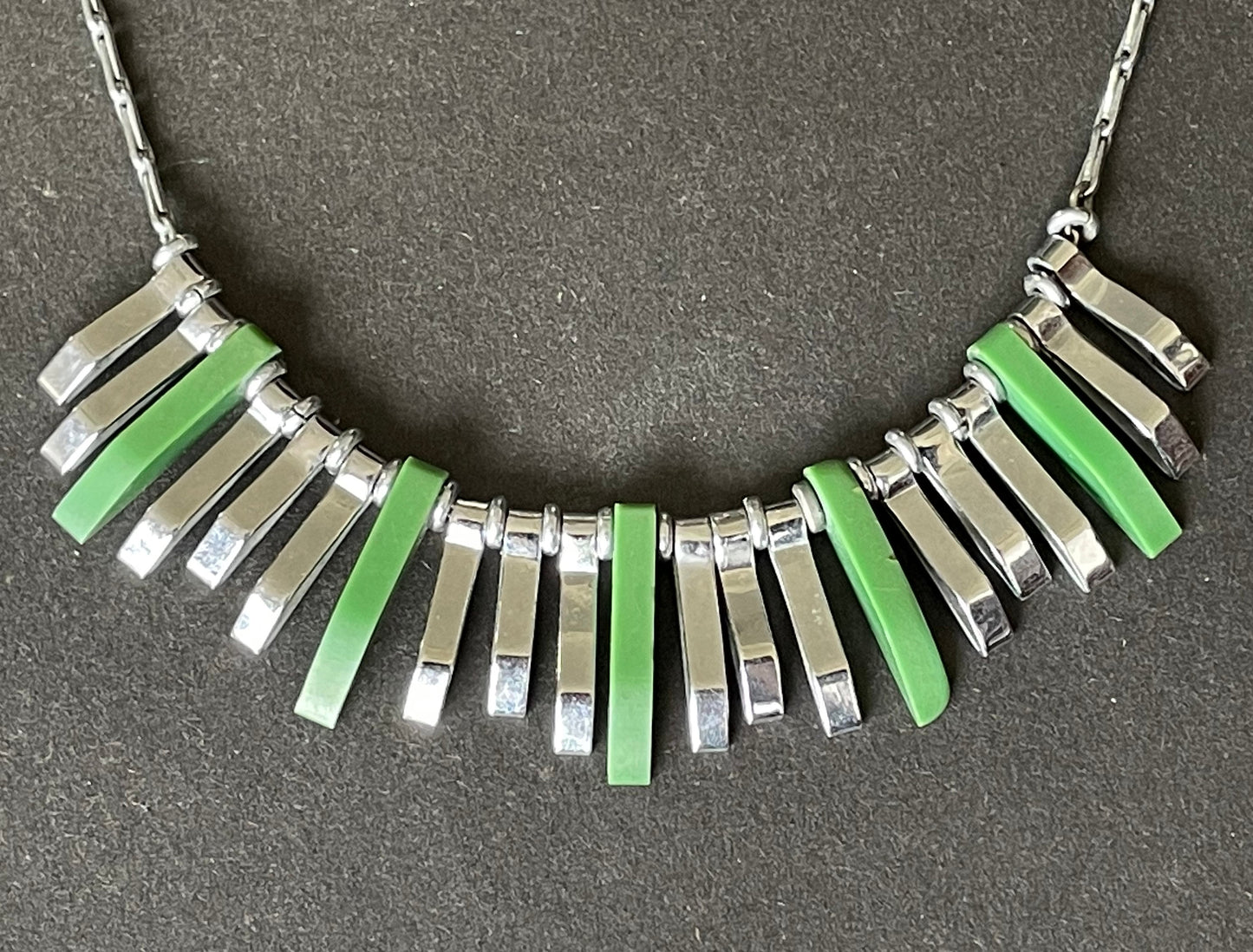 Vintage Jakob Bengel Art Deco machine age necklace, beautiful bright green galalith 3D geometric shapes with shiny silver tone chrome