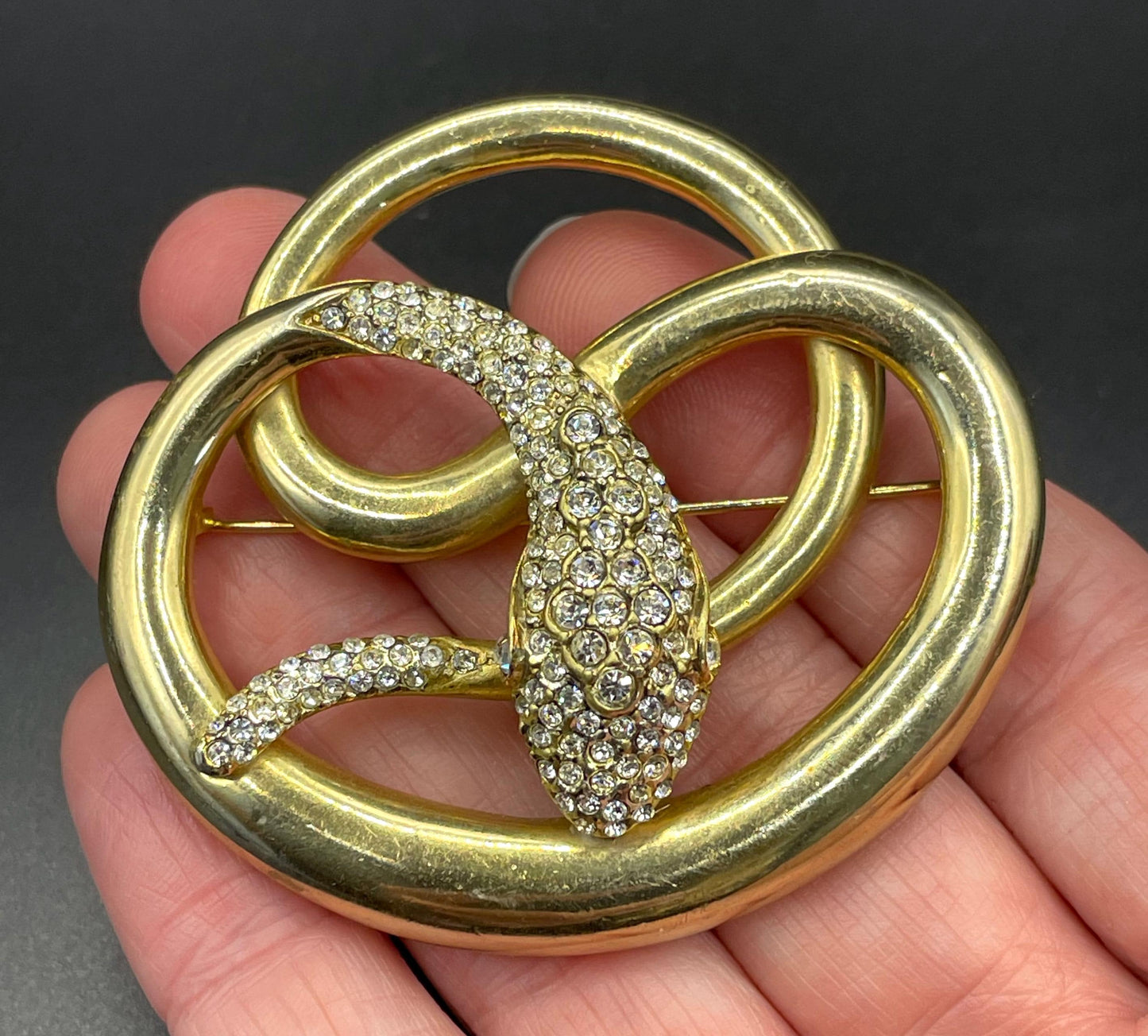 Large vintage Butler and Wilson (B&W) signed shiny gold tone and rhinestone snake brooch