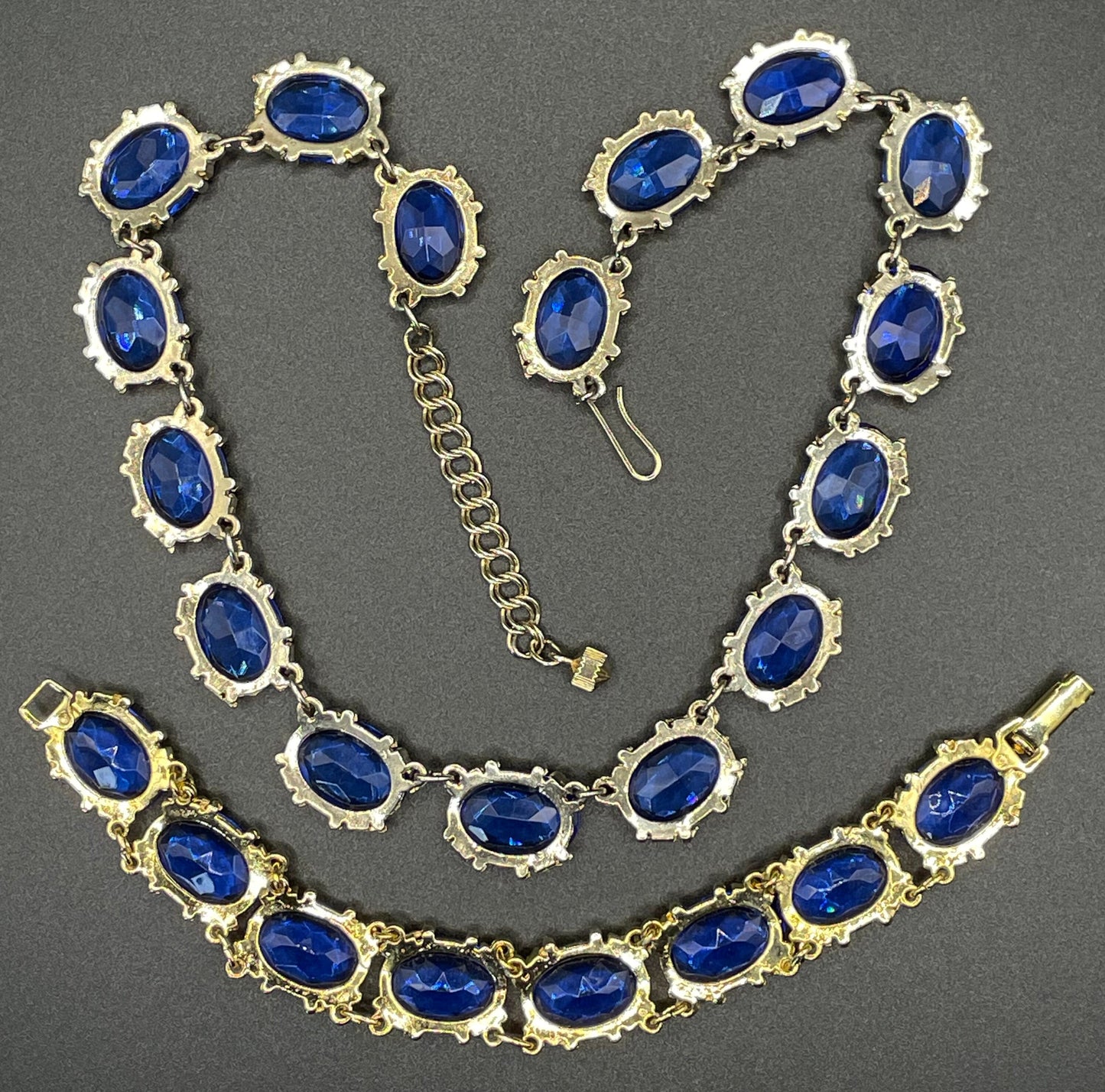 Vintage vibrant royal blue large crystal riviere necklace and bracelet set, by Sphinx, a very rare colour