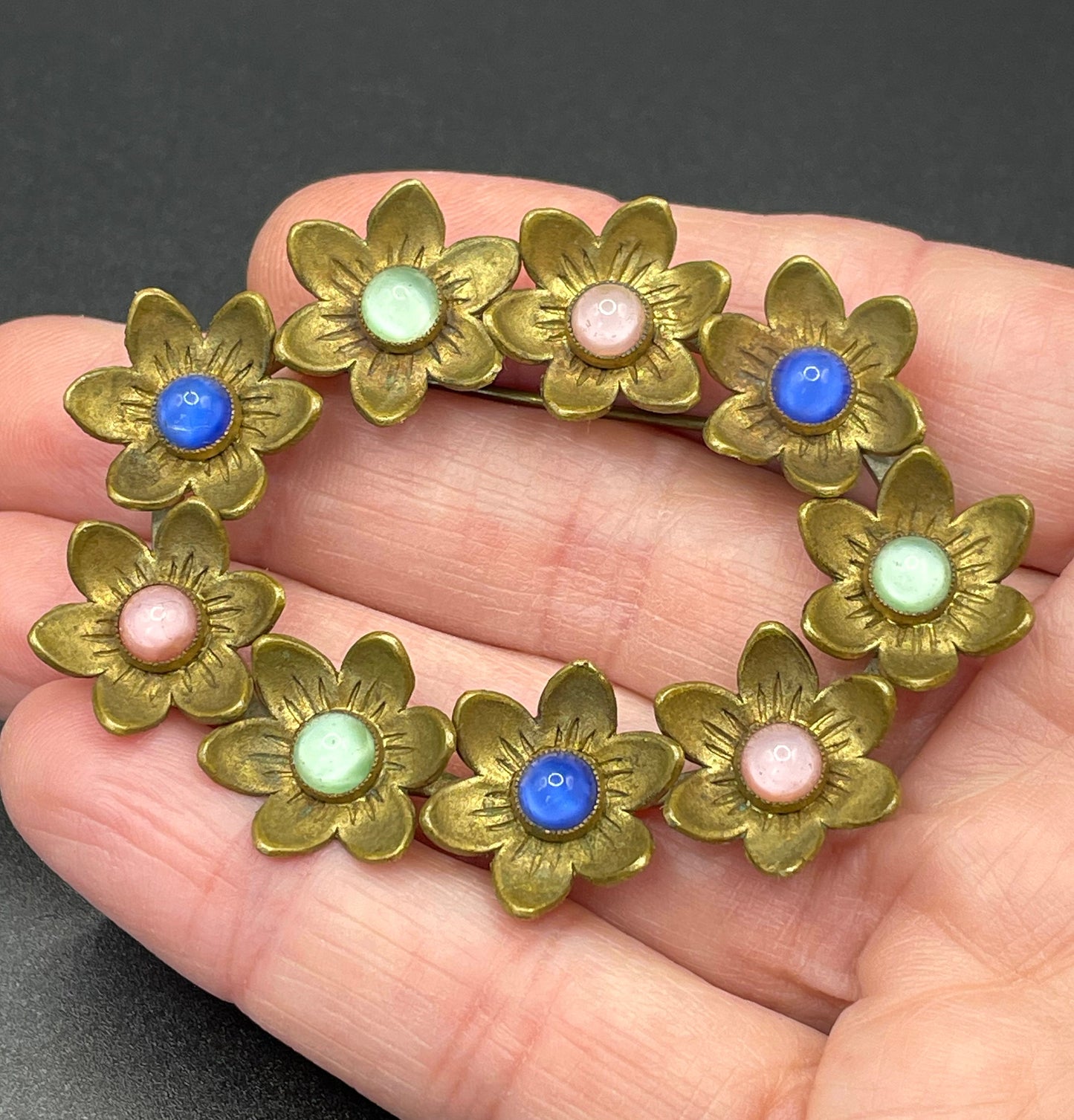 Vintage Neiger Brothers (Max and Norbert) large flower brooch - pastel coloured satin glass cabochons & gold tone, a ring of flowers