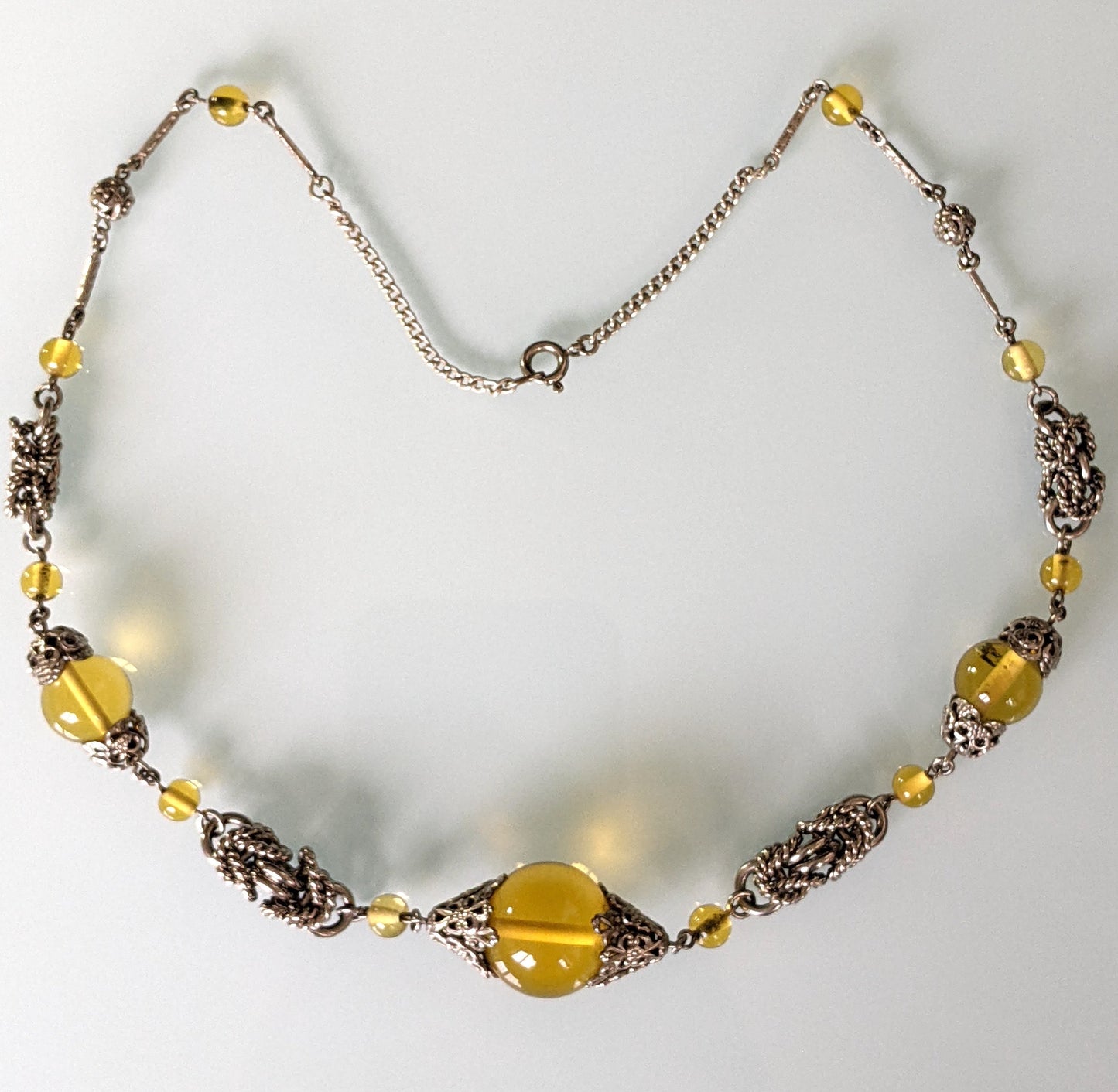 Vintage Art Deco yellow glass and chrome machine age necklace - Jakob Bengel attributed, mint condition, unusual colour