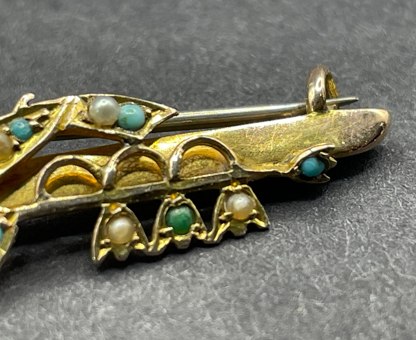 Antique floral lily of the valley brooch in 9ct gold decorated with real seed pearl cabochons and real Persian turquoise cabochons