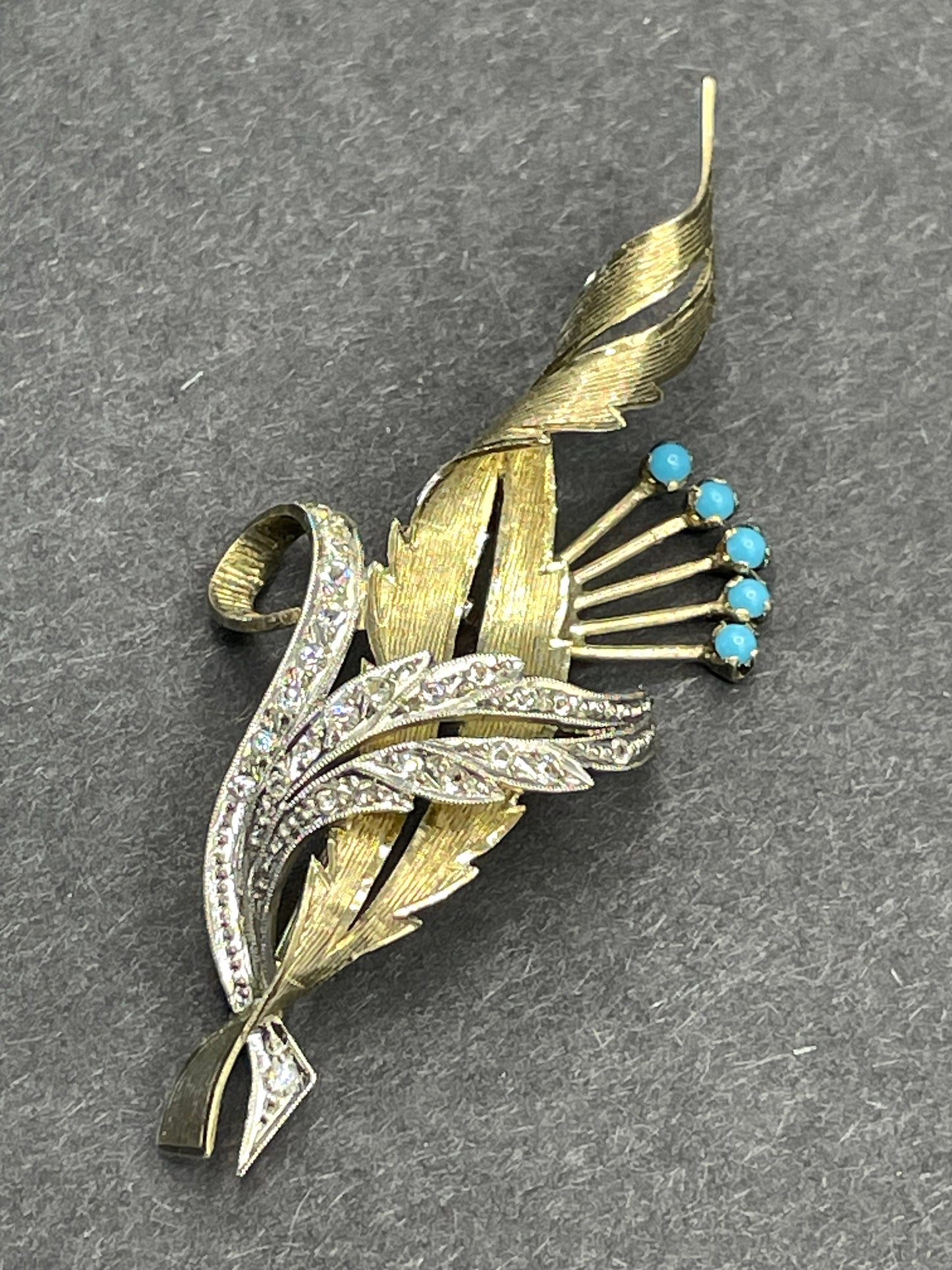 Beautiful vintage gold and silver tone floral leaf spray bouquet brooch, delicate settings, turquoise cabochons and cubic zirconia stones