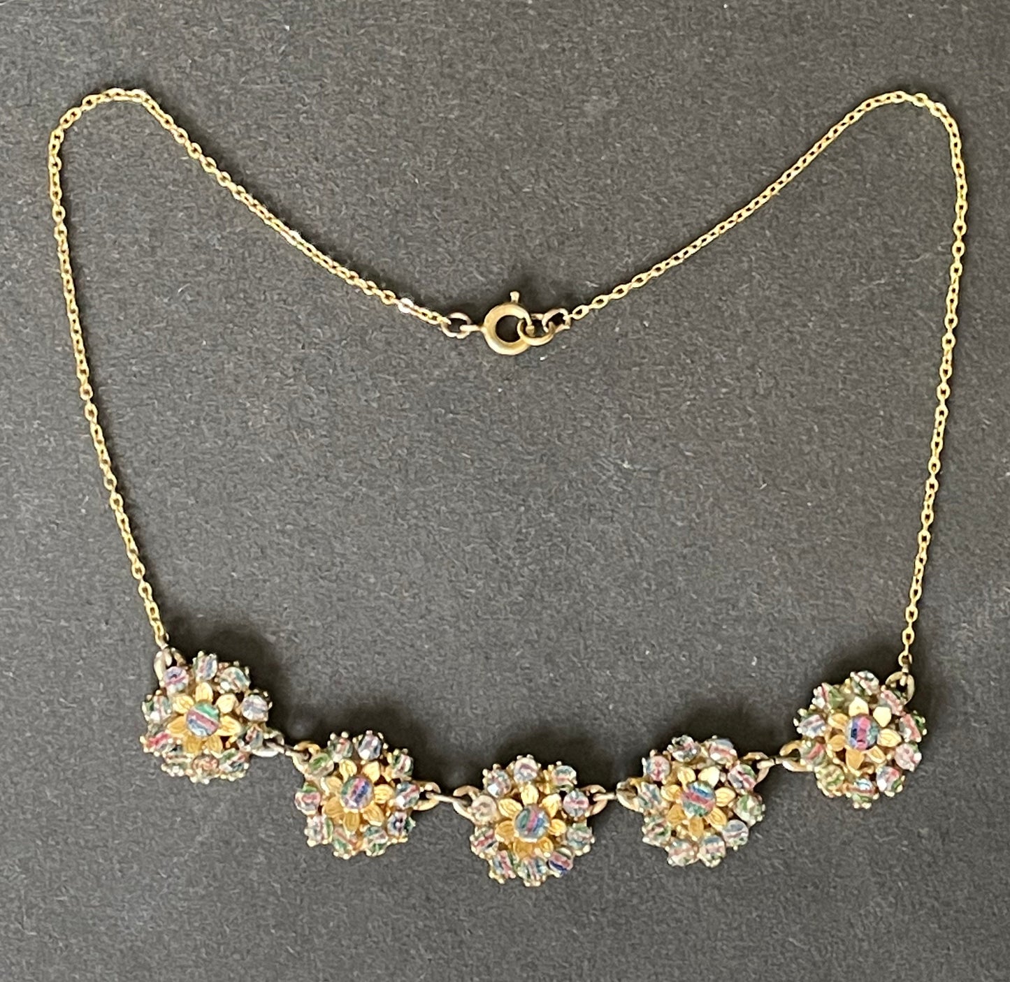 Vintage Art Deco iris glass intricate floral Czech necklace with gold tone settings and leaf designs, lovely heavy quality