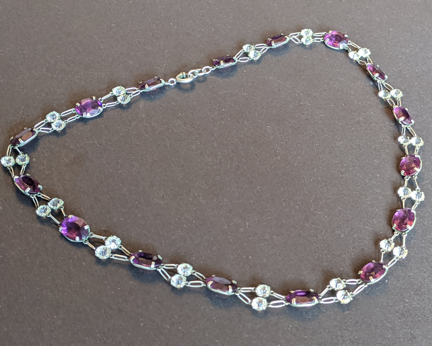 Vintage Art Deco amethyst purple & clear crystal intricate riviere necklace bezel set, open backed, maybe unmarked silver, free earrings