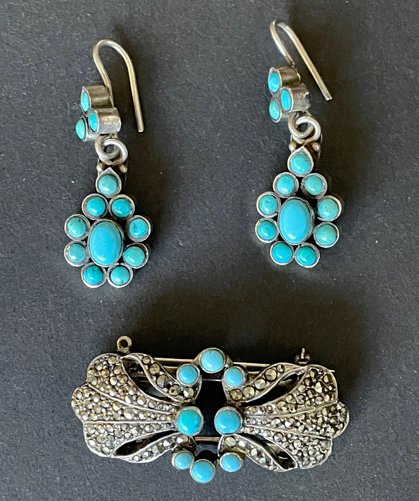 Vintage / antique sterling silver and turquoise duette (a brooch that can be converted to a brooch and 2 dress clips) and drop earrings set