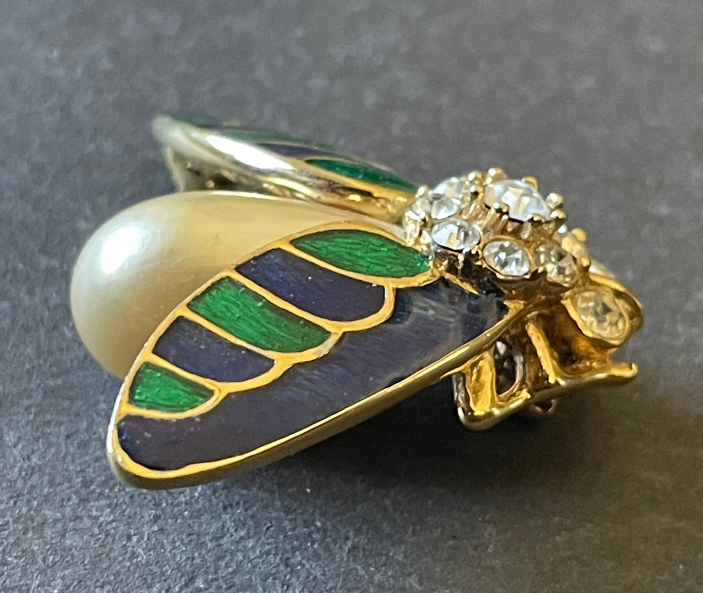 Vintage signed Attwood and Sawyer ( A&S ) gold plated with clear rhinestones, green and blue enamel and glass pearl, fly bee insect brooch