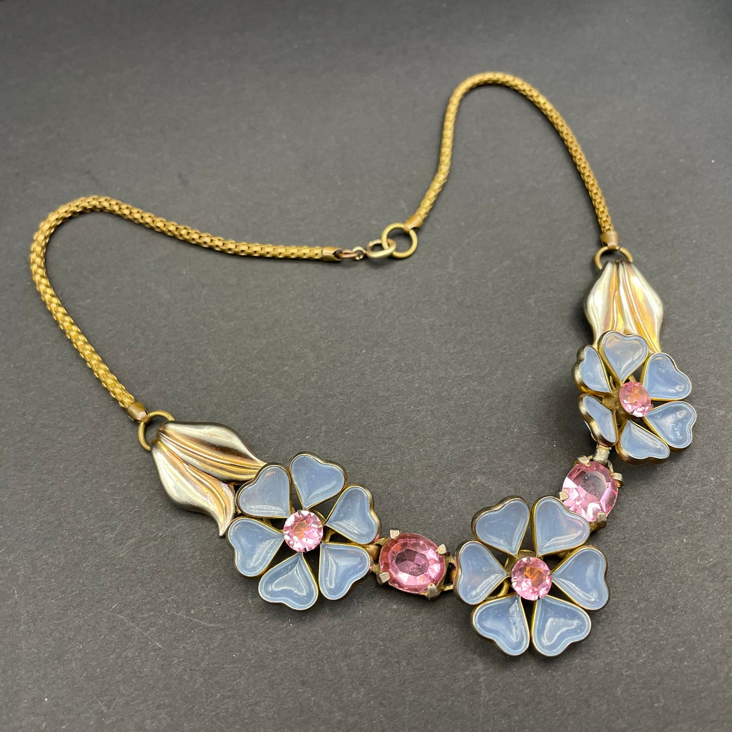 Rare vintage possibly Crown Trifari Alfred Philippe pale blue poured glass & pink rhinestone gold tone floral choker necklace, unsigned